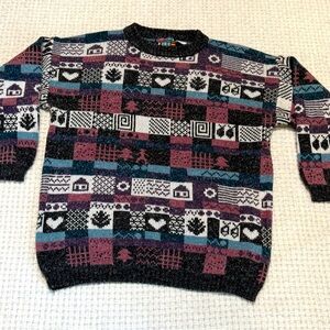 Paris Sports Club vintage knit sweater with unique playful pattern, large.